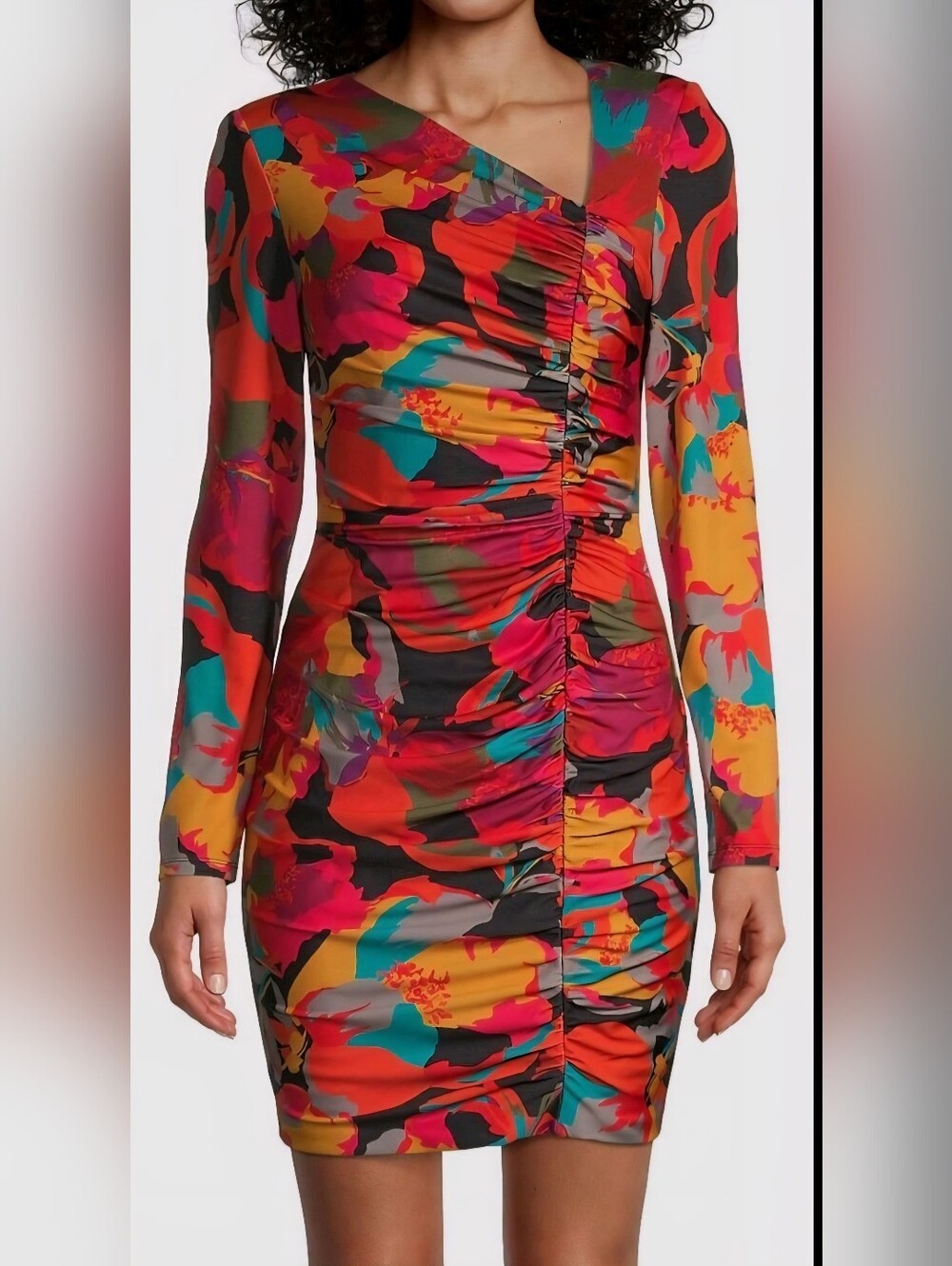 NWT Aidan Mattox Ruched Long-Sleeve Red Floral Print Bodycon Minidress Size 10